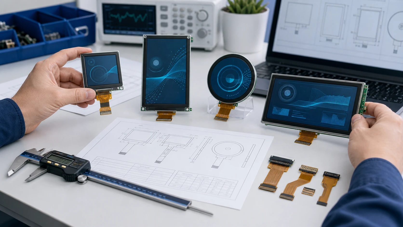 Engineer comparing TFT LCD modules, interfaces and mechanical requirements
