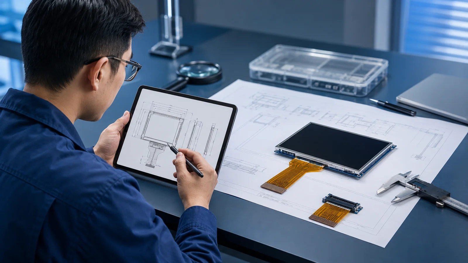 Engineer reviewing TFT LCD mechanical drawing and FPC pinout