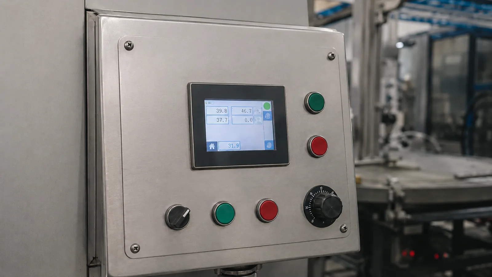 Industrial HMI control panel with a TFT LCD display mounted in machine equipment