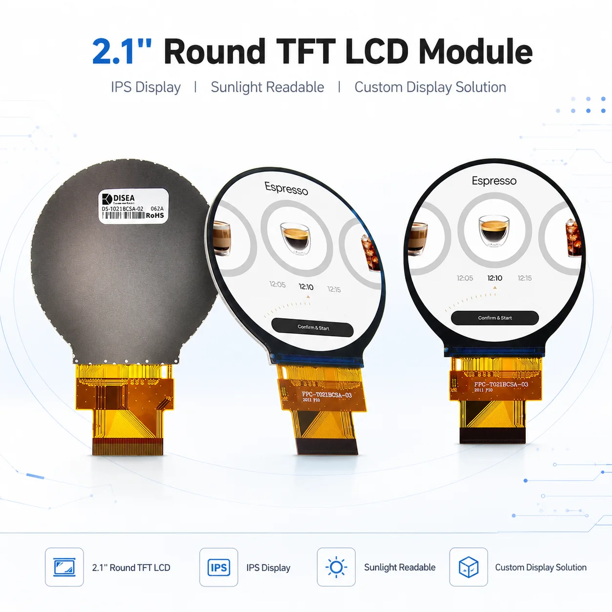 DS-T021BCSA-02 2.1 inch 480x480 sunlight-readable IPS round TFT LCD display