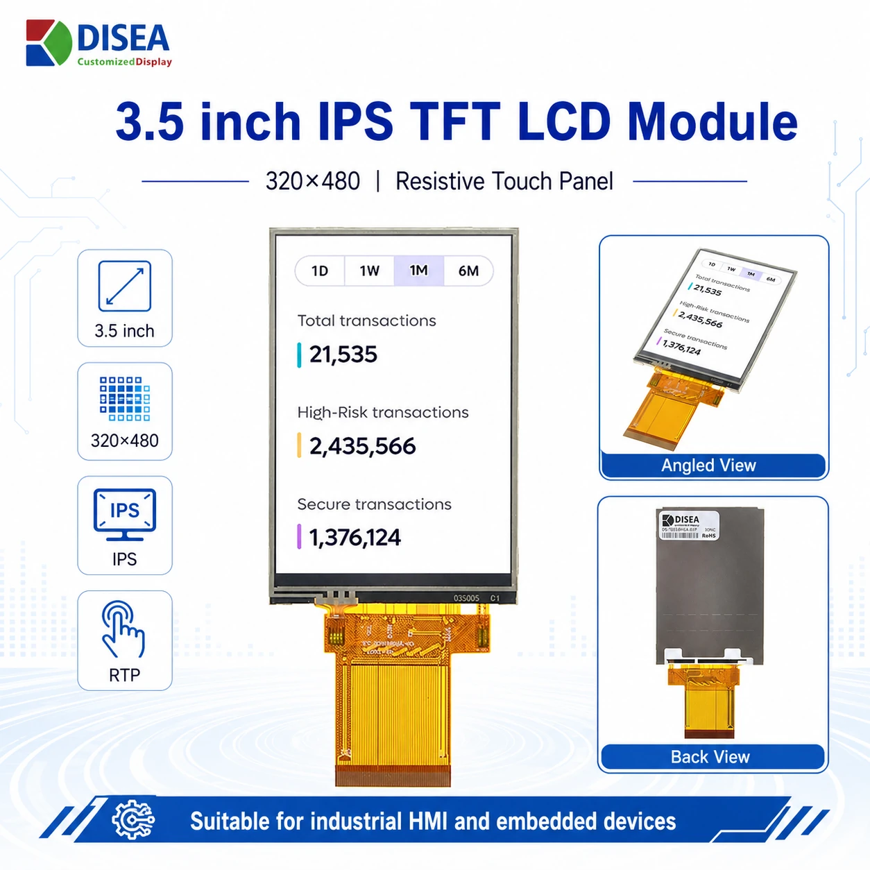 DS-T035BHSA-01P 3.5 inch 320×480 IPS TFT LCD Module with Resistive Touch Panel