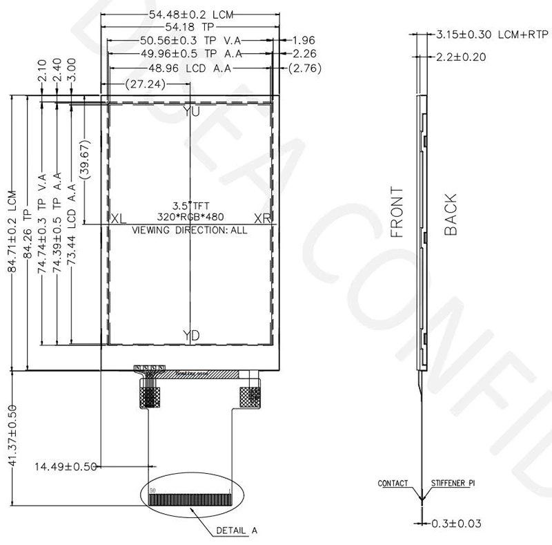 DS-T035BHSA-01P mechanical drawing and dimensions