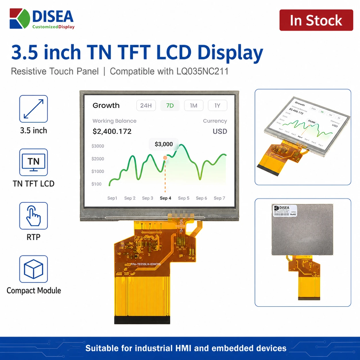 DS-T035SLH-01PD 3.5 inch TN tft lcd display with Resistive Touch Panel compatible with LQ035NC211